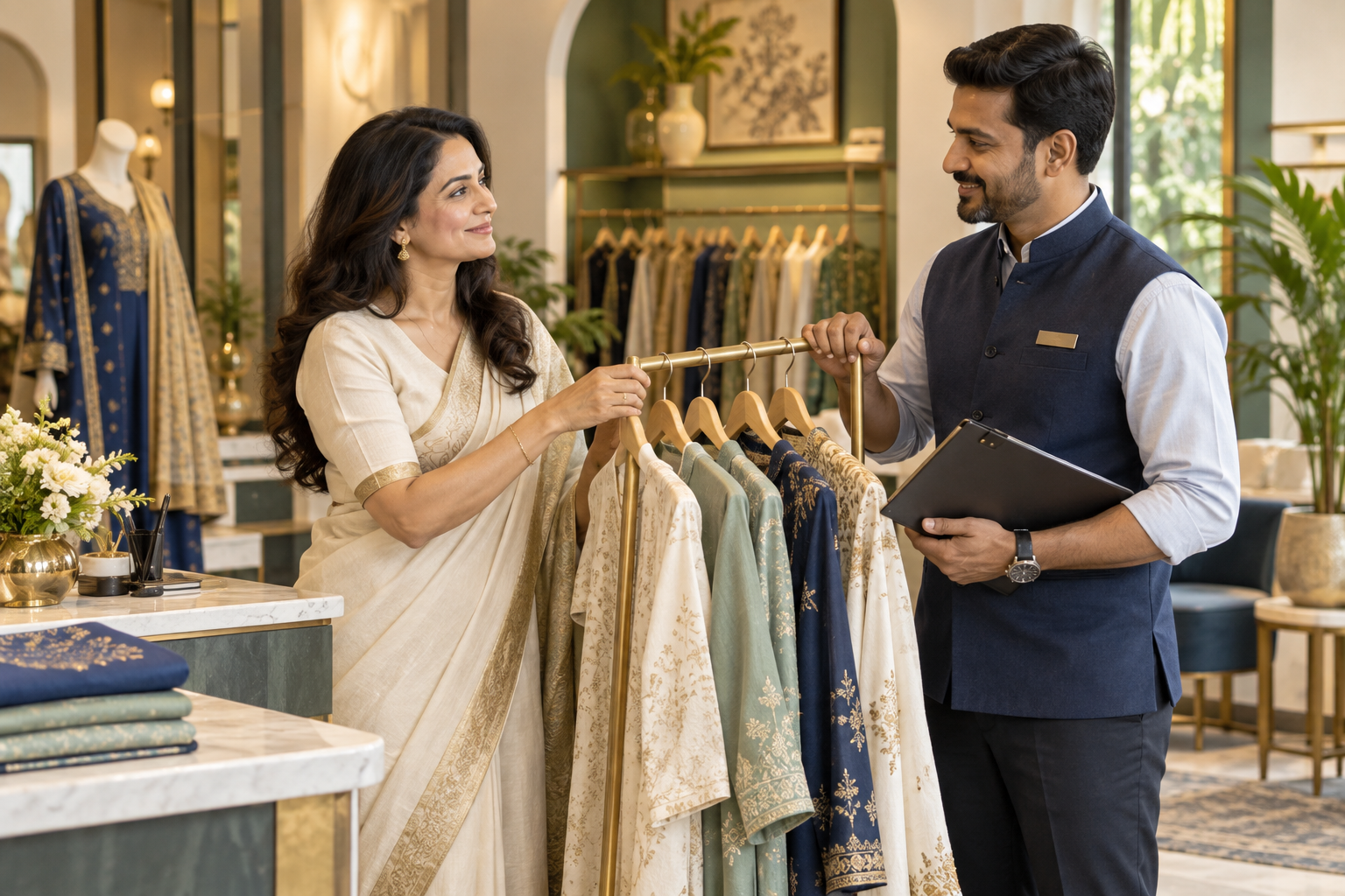 A brand owner and boutique manager confidently coordinating a garment handover.