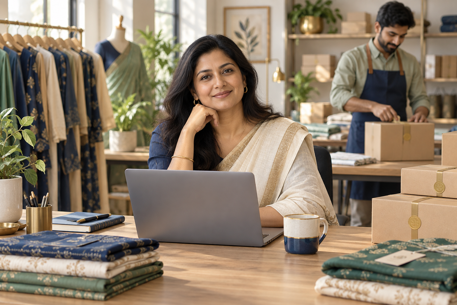 A calm online retail owner overseeing neatly organised orders and parcels.