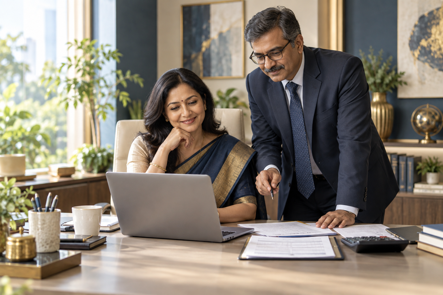 A confident business owner and accountant calmly reviewing financial records.