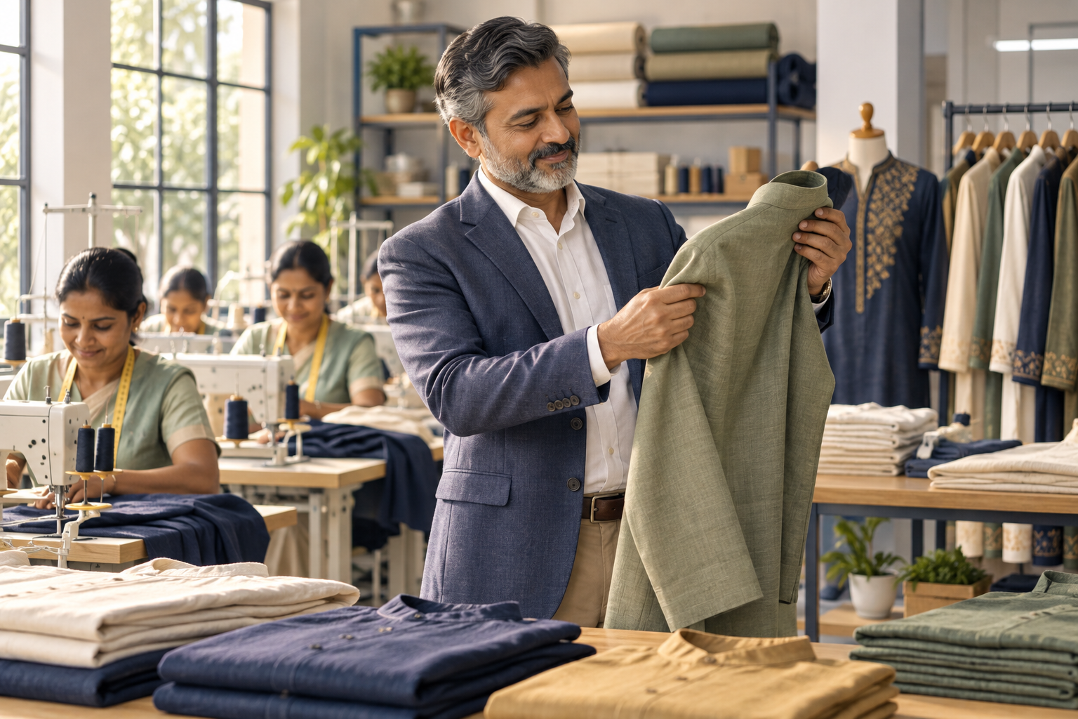 A confident garment business owner in a calm, orderly production studio.