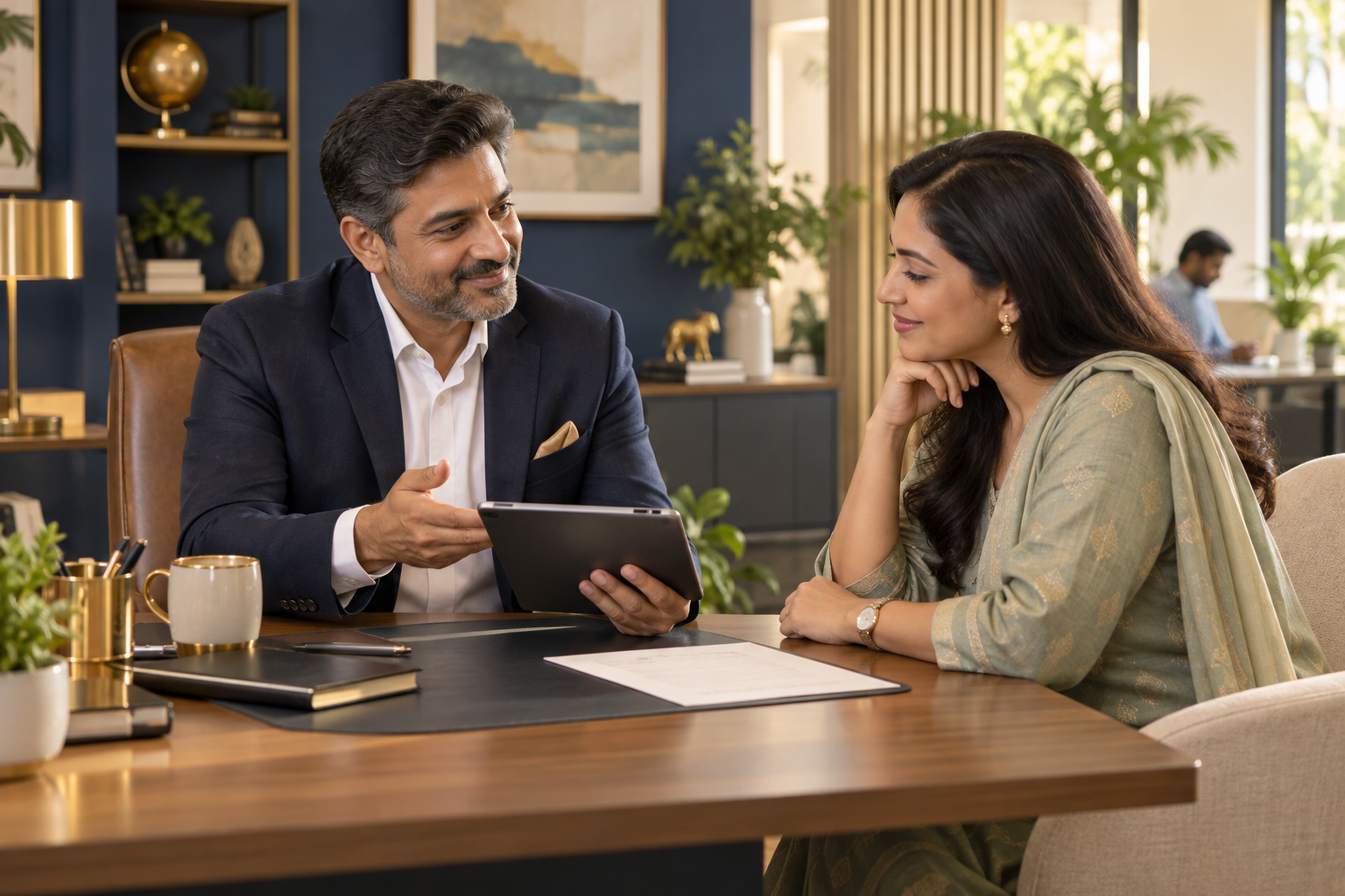 A composed service professional discussing customer needs in a welcoming office.